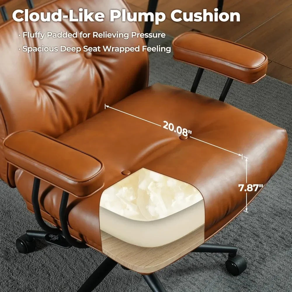 Mid-Century Modern Leather Chair，Ergonomic Home Office Chair with Lumbar Support, High Back Swivel Rolling Executive Chair