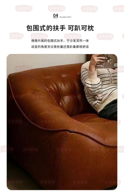 Oil Wax Leather French Retro Small Apartment Straight Row Leather Sofa Living Room Sofa