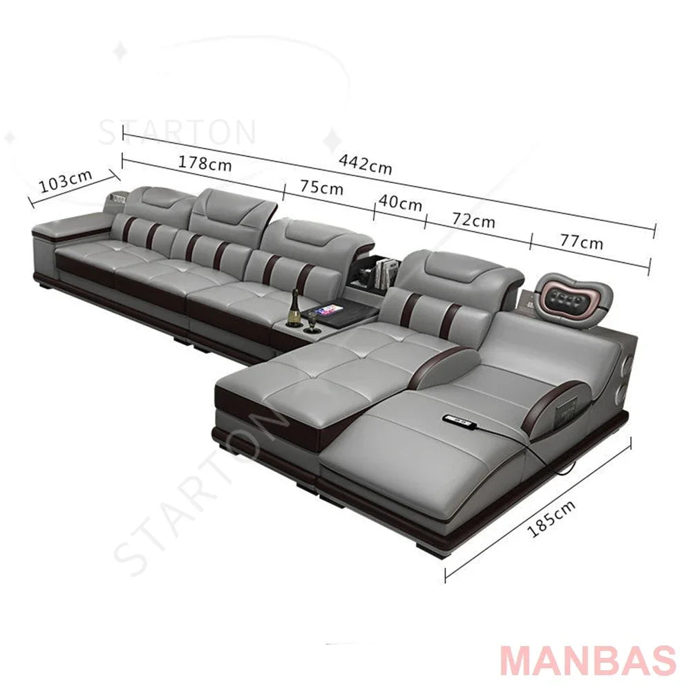Genuine Leather Sectional Sofa with Bluetooth Speaker, Massage Chaise L Shape Corner Sofa，Functional Headrest