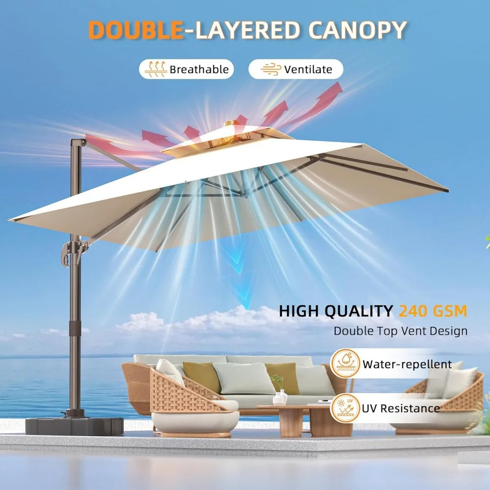 9' X 12' Cantilever Outdoor Patio Umbrellas Double Top Large Rectangle Umbrella Heavy Duty 360°Rotation Offset Umbrella for Gard