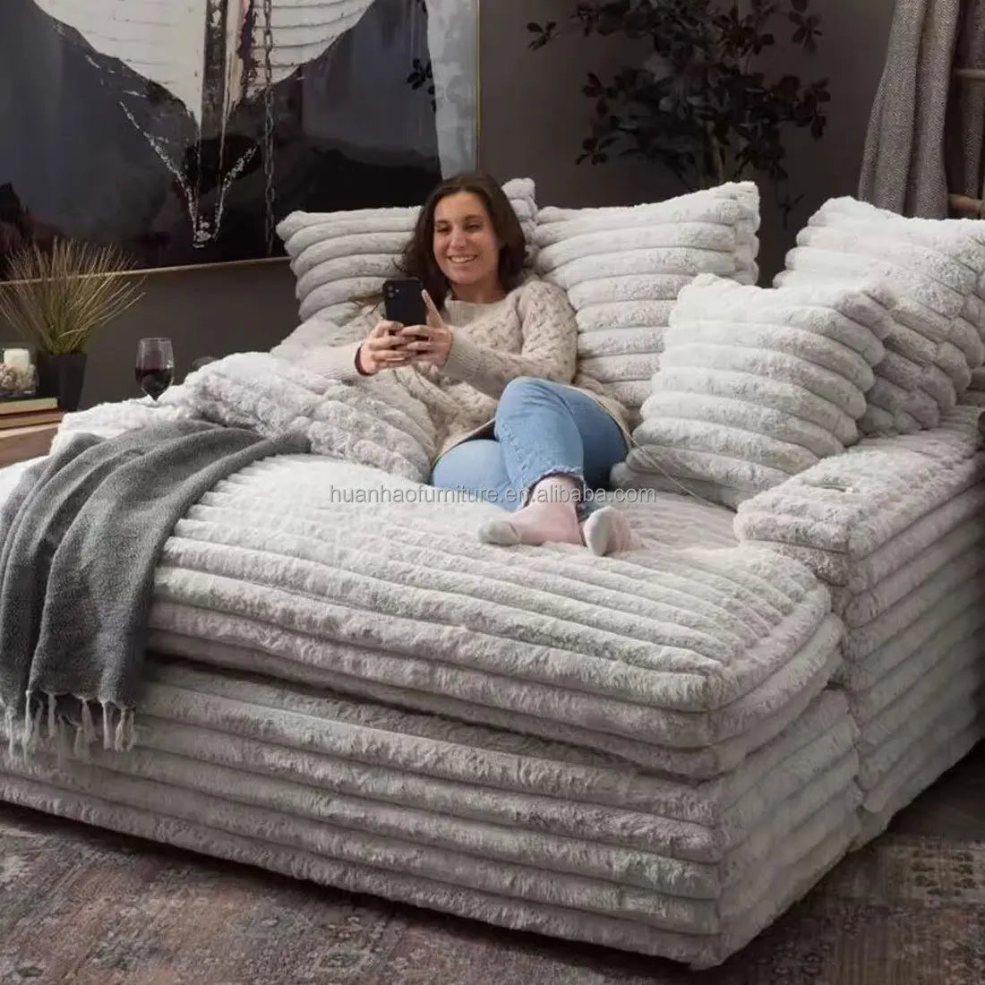 Vacuum Compressed Comfy Corduroy Fluffy Sofa Set Furniture Living Room Modular Couch Modern L Shape Sectional Sofa
