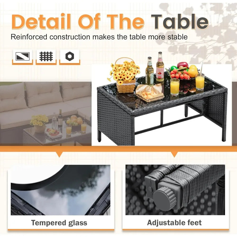 Outdoor Patio Furniture 3-Piece Rattan Waterproof Outdoor Sectional Sofa All-Weather L Shaped Patio Couch with Cushion Glass Ta