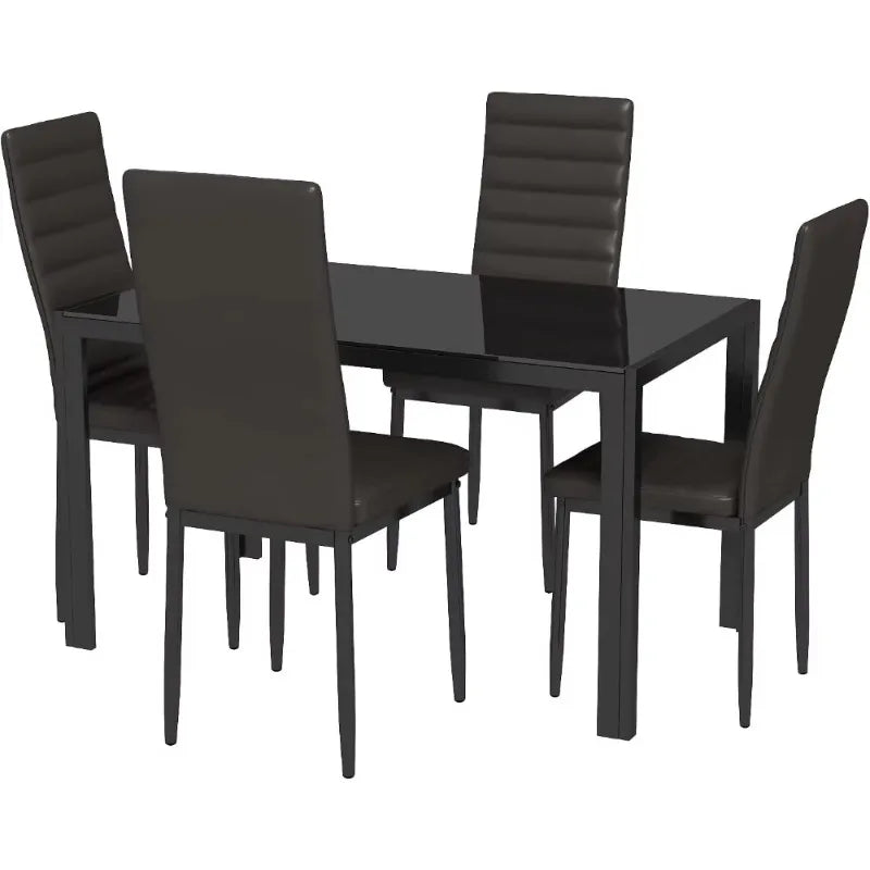5-Piece Glass Dining Table Set with PU Leather Chairs for 4, Modern Kitchen Living Room Furniture