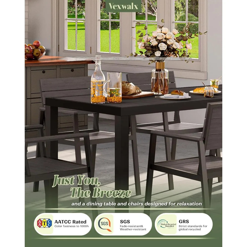 Outdoor Dining Set for 6, Patio Table and Chairs Set, Aluminum Patio Furniture Set with Umbrella Hole, HDPS Patio Dining Table S