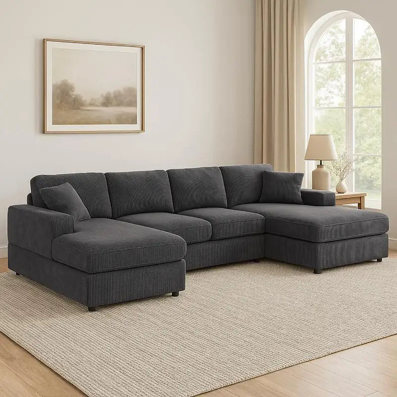 3-Pc Corduroy Double-Chaise Sectional Sofa with Plush Cushions and Modern Design, Comfortable Seating for Living Room, Stylish