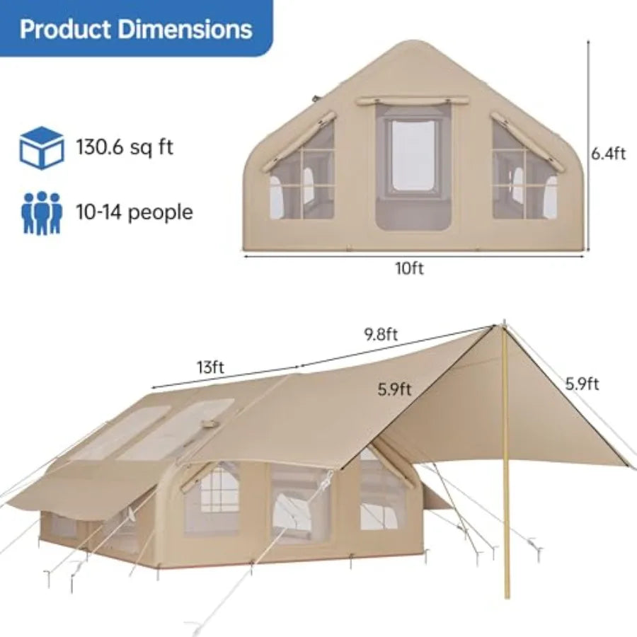 Inflatable Camping Tent with Pump 1/2 Awnings 8-14 Person Air Tents for Camping Adult Large Waterproof Ox Family Glamping Tent