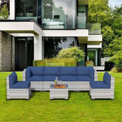Outdoor Patio Furniture Set, Rattan Sectional Sofa, Conversation Set with Waterproof Cushion and Coffee Table