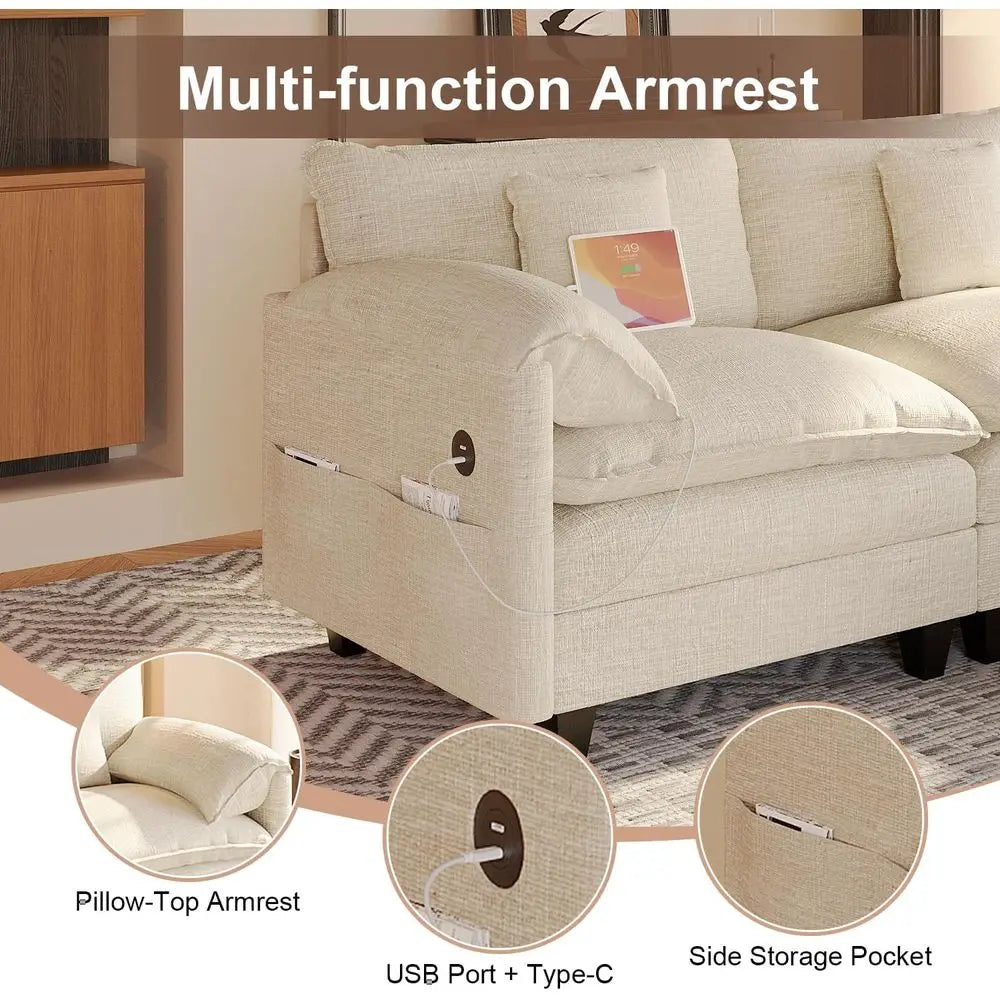 108 L-Shaped Chenille Sofa with Ottoman, Charging Station, Pockets & Pillows for Modern Living Rooms