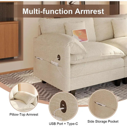 108 L-Shaped Chenille Sofa with Ottoman, Charging Station, Pockets & Pillows for Modern Living Rooms