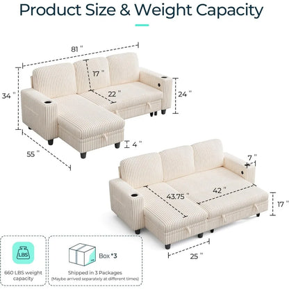 Convertible Plush Corduroy Cloud Couch with Storage Chaise & USB Charging
