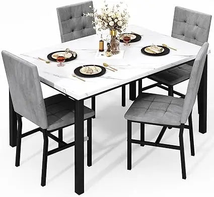 Dining Table Set for 4,Faux Marble Kitchen Table and Chairs of 4, Modern Dining Room Set for 4,Dinner Tabl