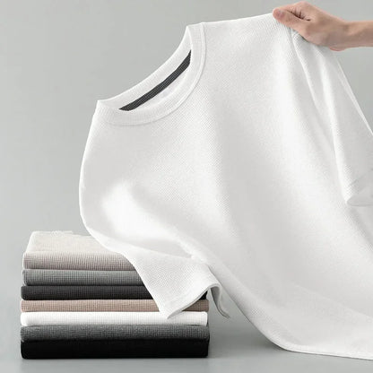 Korean Style Men Summer T-Shirt Man Short Sleeved Waffle Solid T-Shirt Color Casual Tee Round Men's Round Neck Fashion Top