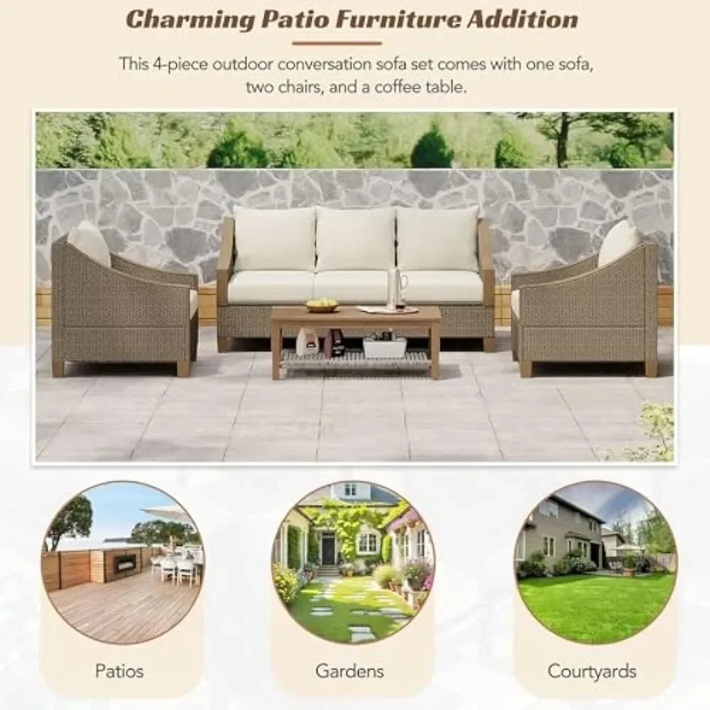 ad 4-Piece Furniture Outdoor Conversation Sofa Set with Wooden Coffee Table and Cushions Seating, 5 People Patio Couch Sectional