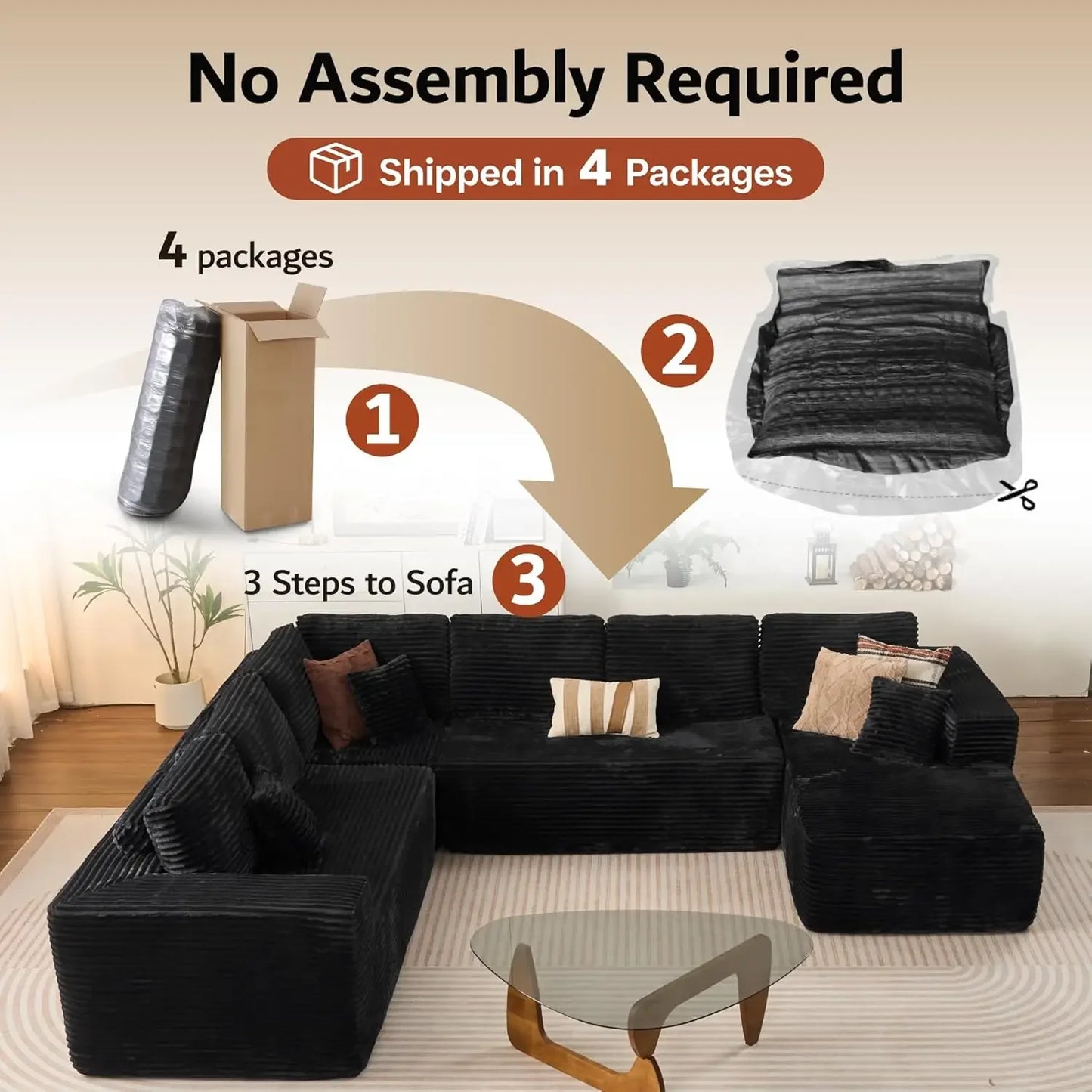U Shaped Sofa Boneless Couch with Chaise 135" Cloud Modular Sectional Couch for Living Room Big Comfy Couches Set  furniture