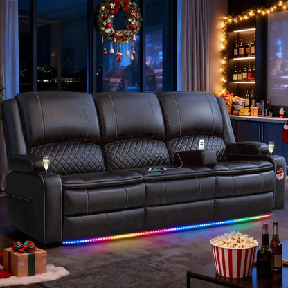 3 Seat Recliner Sofa with Console, Armrest, PU Leather, Cup Holders, USB Ports, Living Room/RV, Customized