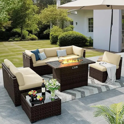7 PCS Patio Furniture Set with 28" 50000 BTU Propane Gas Fire Pit Table Cushions Red