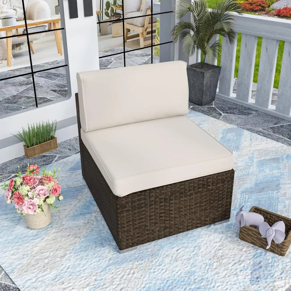 Outdoor Patio Furniture Wicker Armless Chair w Beige Cushion for Garden, Pool, Backyard