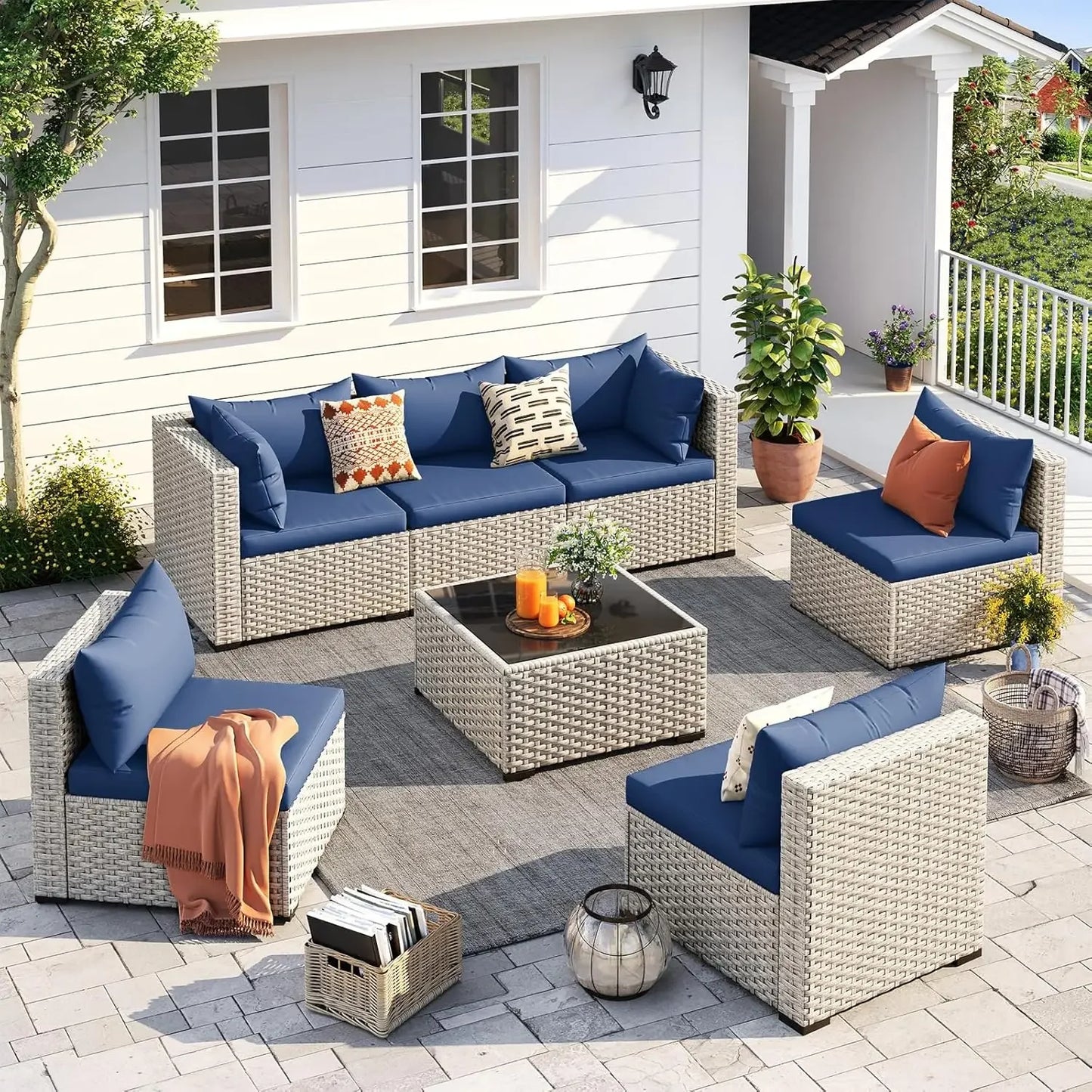 Seven Piece Patio Set, Modular Sectional Sofa Design, Includes Tea Table, PE Wicker Outdoor Conversation Group For Patio Use