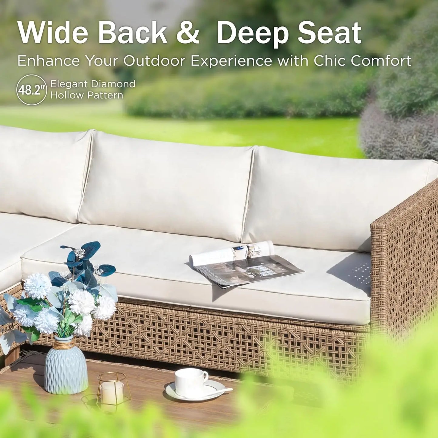 Wicker Patio Furniture Set, Sectional Outdoor Sofa with Cushions and Acacia Wood Coffee Table, L-Shaped Small Patio Co