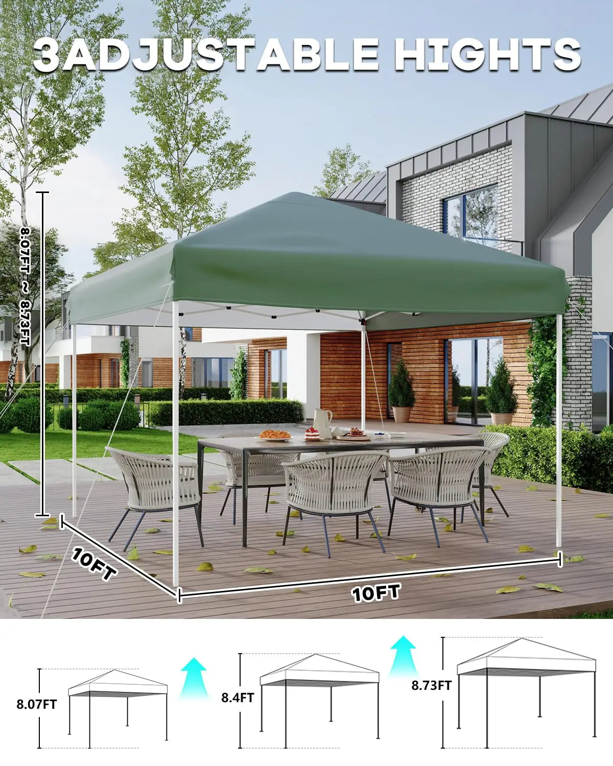 10x10 FT Pop Up Canopy Tent with 3 Adjustable Heights – Outdoor Sun Shade Shelter, 4 Sandbags & Carry Bag, for Parties & Events