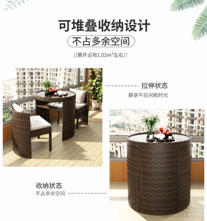 Balcony Small Table and Chair Tea Table and Chair Kit Outdoor Garden Combination Leisure Storage Rattan Knitting Small Table and