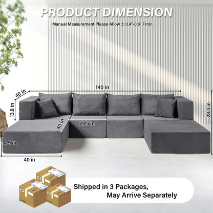 Modular Sectional Sofa Couches Corduroy Sleeper Deep Seat Sofa Bed, Comfy Cloud Couch for Living Room Floor Sofa, 6 Piece F