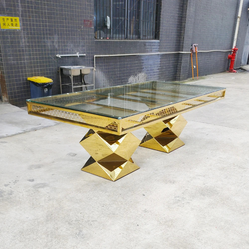 Wedding Mirror Glass Rectangular Crystal Gold Stainless Steel Dining Luxury Mirror Glass Table for Event