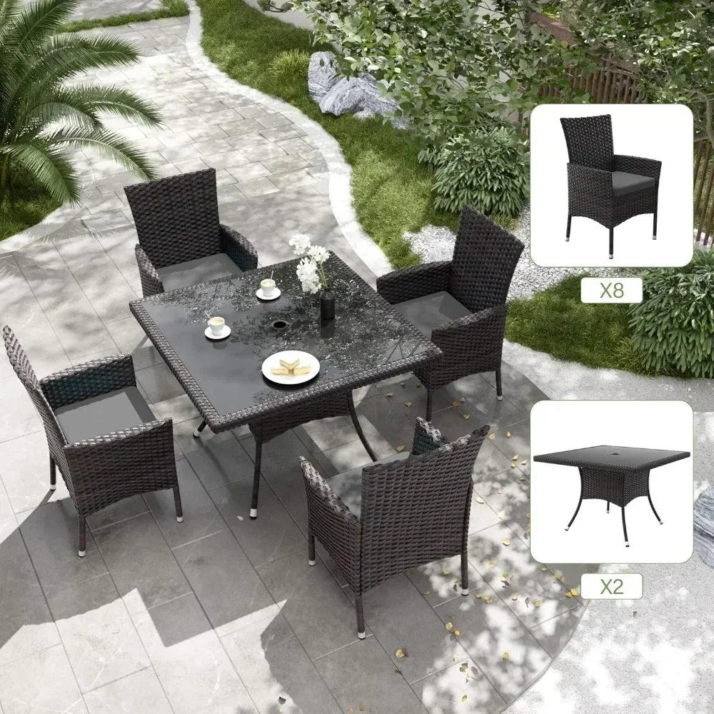 Terrace Furniture Set, Including 8 Cushioned Chairs and 2 Square Tables with Umbrella Shaped Hollow Grey Outdoor Chairs