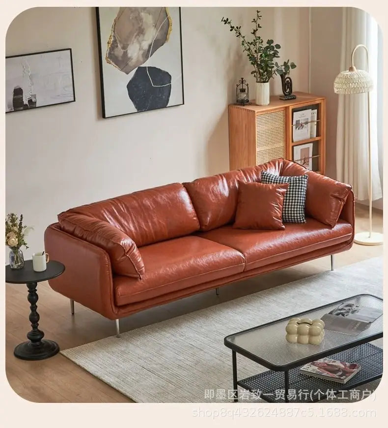 Retro oil wax leather living room sofa Modern simple small apartment sofa
