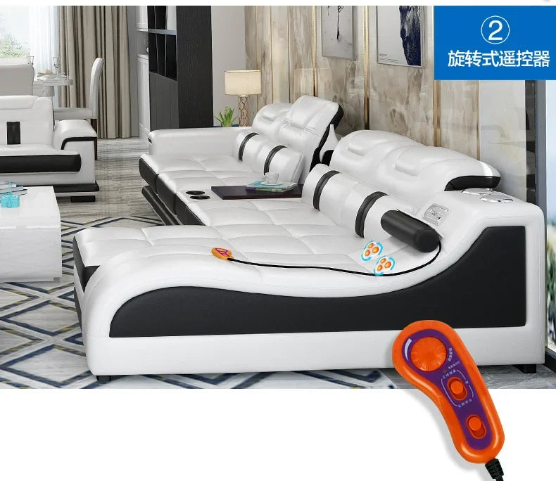 Sectional Sofa with Massage Chaise Lounge, Cup Holder, USB, Adjustable Headrests – Italian Genuine Leather Living Room Couch