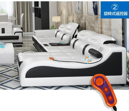 Sectional Sofa with Massage Chaise Lounge, Cup Holder, USB, Adjustable Headrests – Italian Genuine Leather Living Room Couch