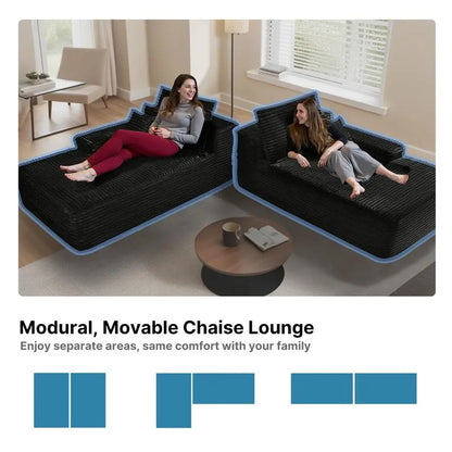 Oversized Chaise Lounge Chair Indoor, Black Corduroy Boneless Sofa Bed, Comfy Cloud Couch Sectional Couches for Living Room, Be