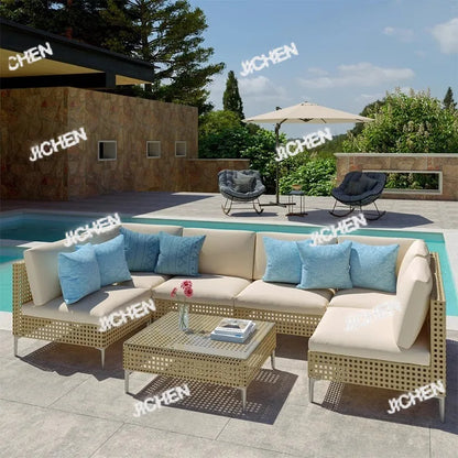 XJC Outdoor Rattan Sofa Combination Bed And Breakfast Balcony Courtyard Outdoor Open-air Garden Sun Room Leisure Small