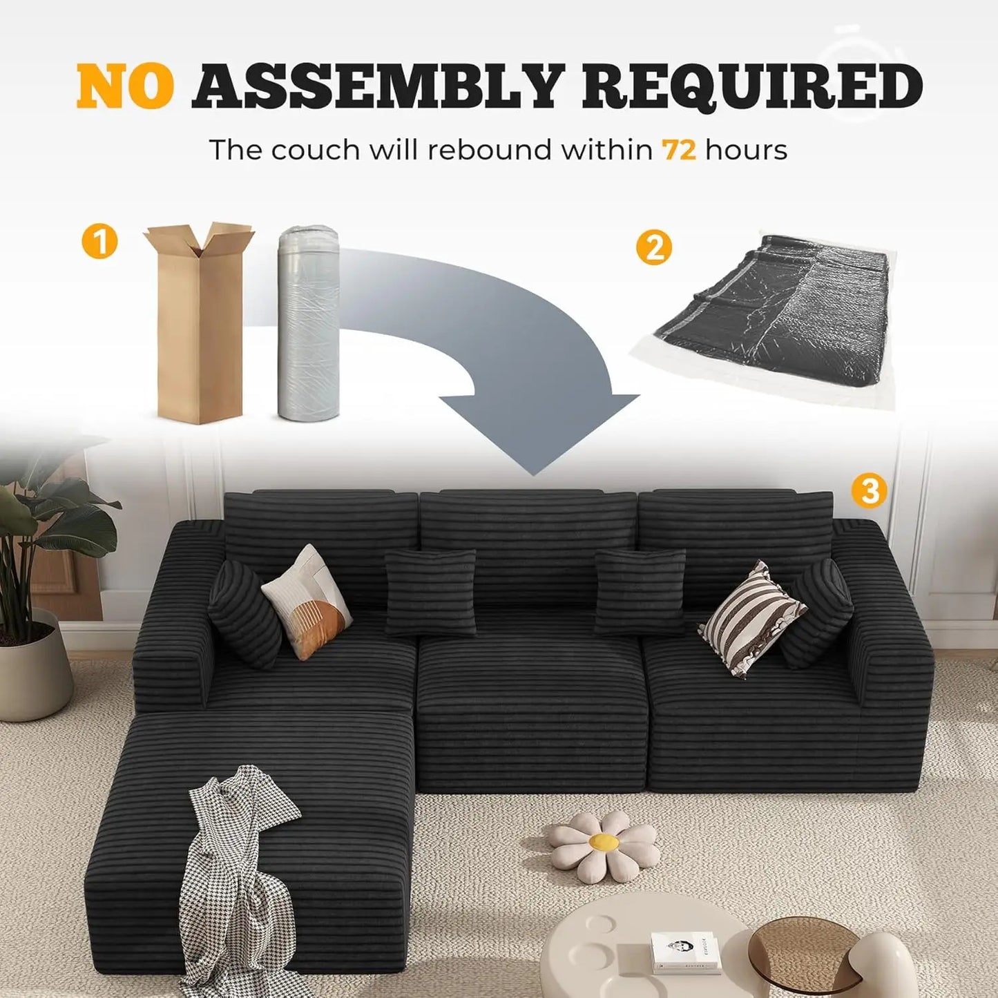 113" Modular Sectional Sofa, Convertible L-Shaped Cloud Couches For Living Room With Ottoman, 4 Seater Corduroy Boneless Couch S