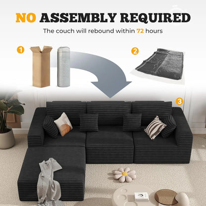 113" Modular Sectional Sofa, Convertible L-Shaped Cloud Couches For Living Room With Ottoman, 4 Seater Corduroy Boneless Couch S