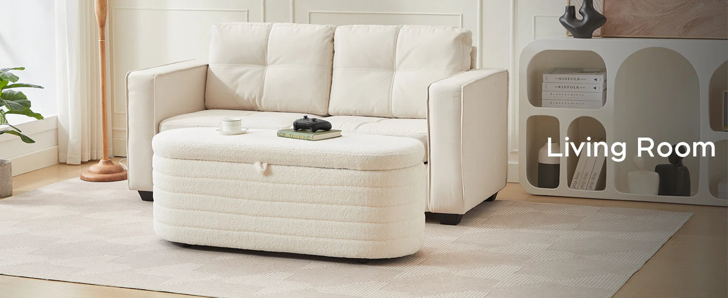 TODRANI 45" Storage Ottoman Bench, 300 Lb Capacity Teddy Upholstered, Safety Hinge, Flip-Top Oval Foot Rest With Foot Pads