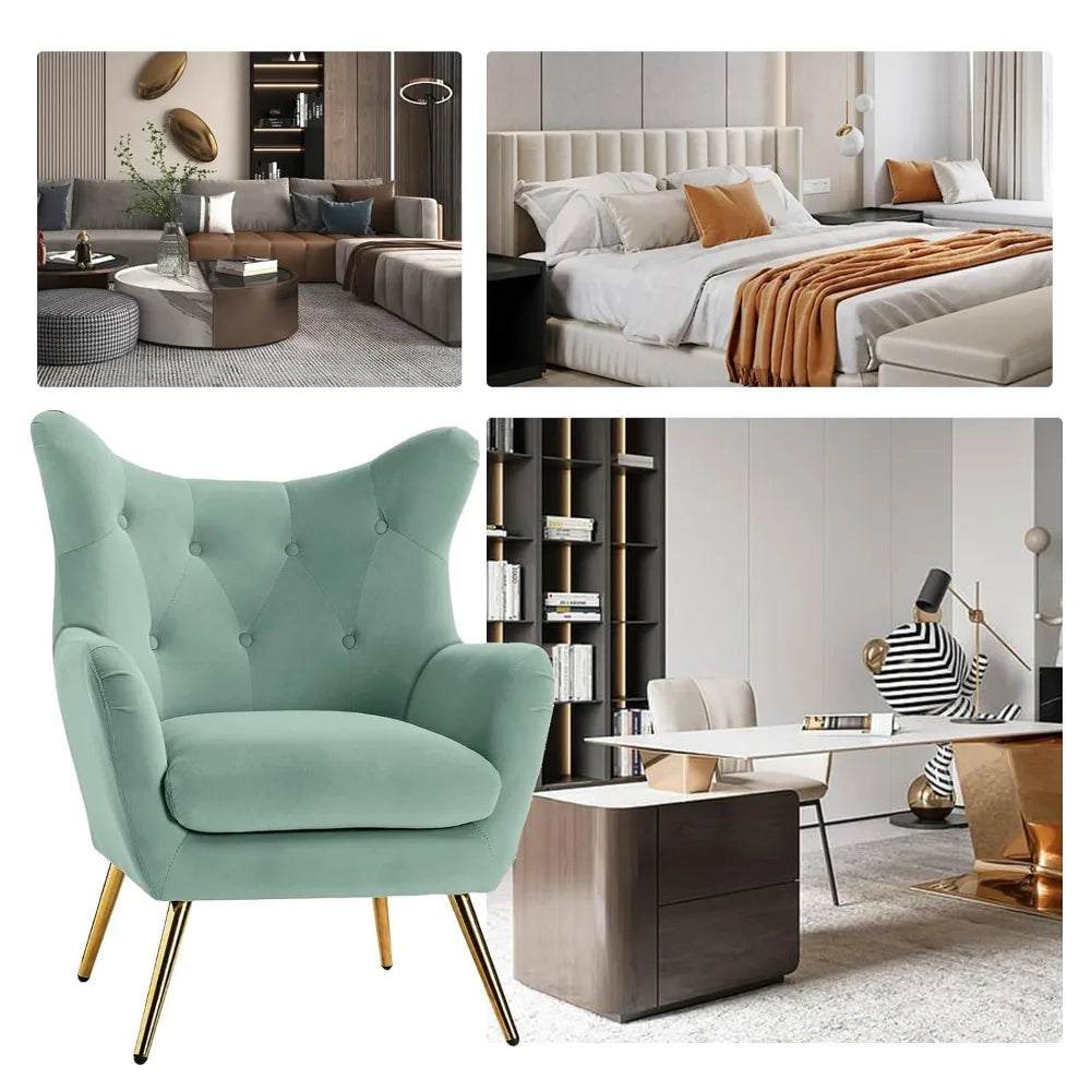 Velvet Accent Chair, Modern Wingback Arm Chair with Metal Gold Legs, Velvet Tufted Upholstered for Living Room, Customized