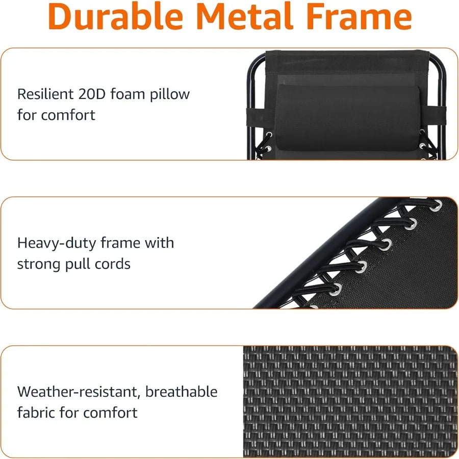 Basics Outdoor Patio Zero Gravity Lounge Chair with Pillow, Folding Reclining and Textilene Adjustable, Folding Lounge 26" Black