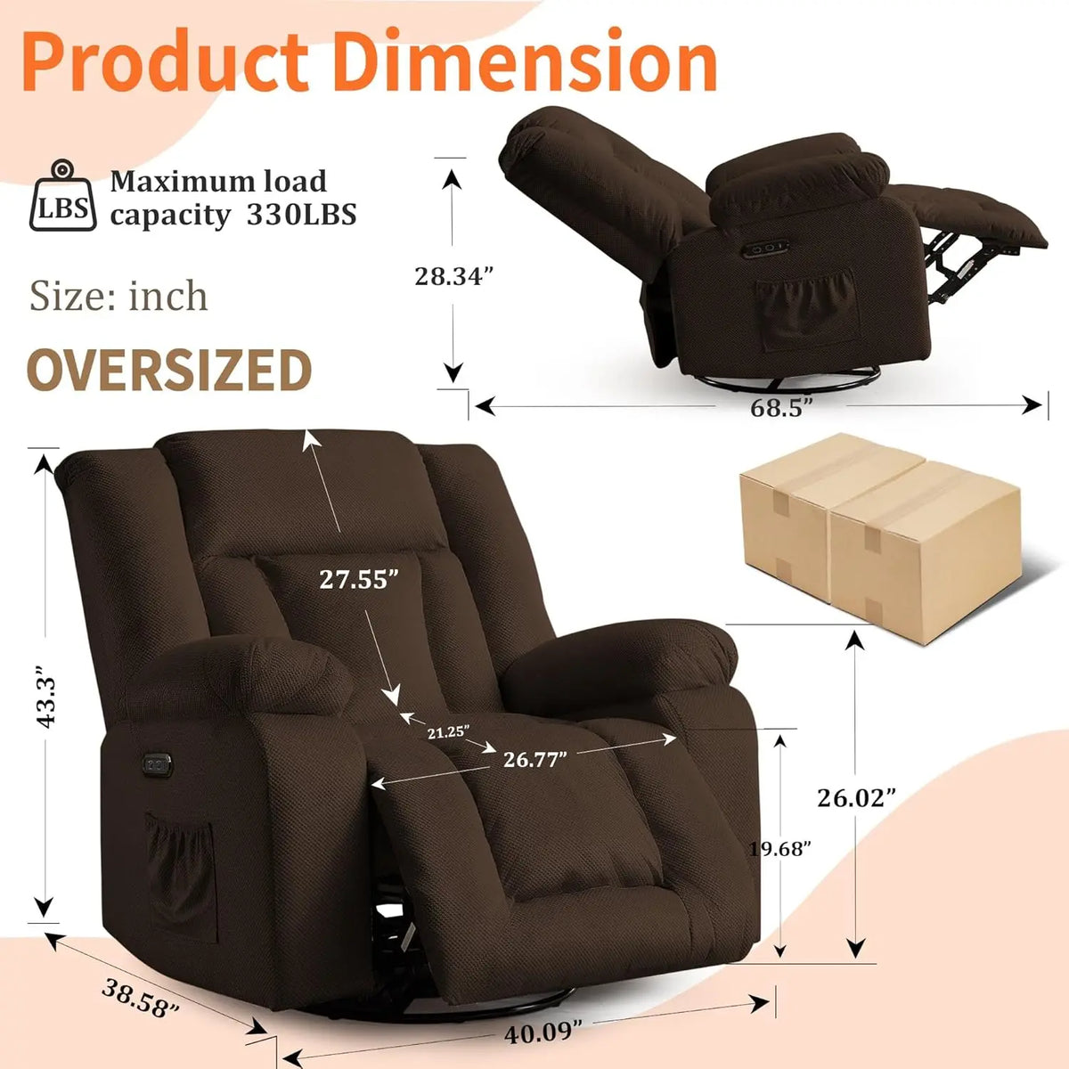 Electric Recliner Chair with Massage & Heating, Swivel Rocking Recliner for Living Room, Oversized Comfort with Side Pockets