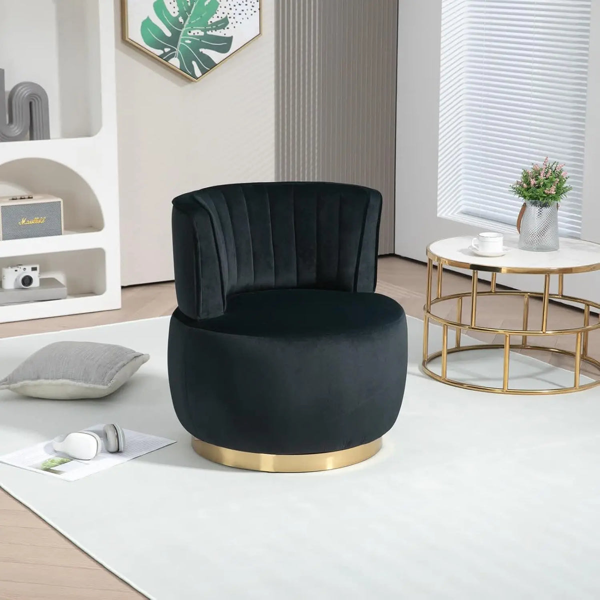 Swivel Barrel Chair, Black Velvet Modern Accent Chair, Round Upholstered Comfy Side Chair, Sherpa Chair With Gold Base For Nurse