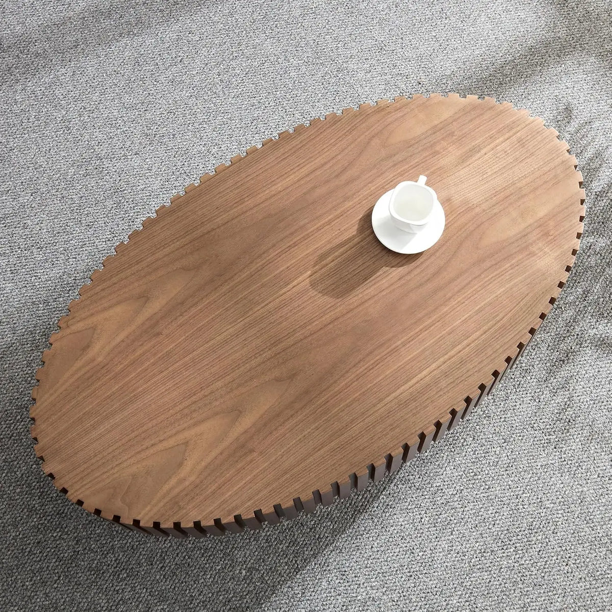 Contemporary Circle Fluted Drum Design Walnut Oval Coffee Table Modern Wood Coffee Table for Living Room(43.7'' x24.8''x13.38'')