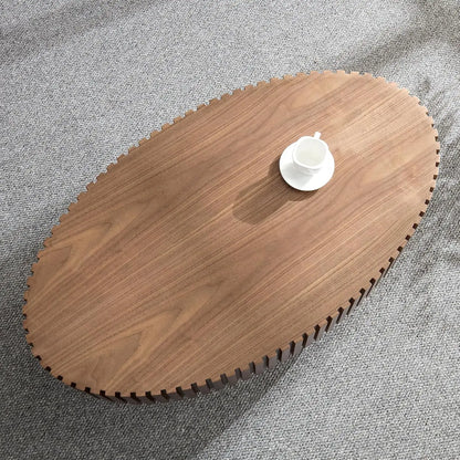 Contemporary Circle Fluted Drum Design Walnut Oval Coffee Table Modern Wood Coffee Table for Living Room(43.7'' x24.8''x13.38'')