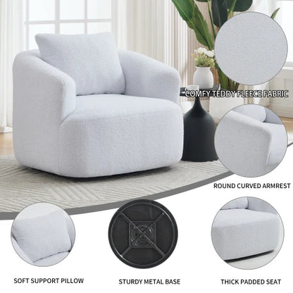360° Swivel Single Sofa Chair (White) - Teddy Fleece Upholstery, High-Resilience Sponge, Soft Pillow & No Assembly Needed