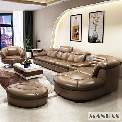 Luxury L-Shaped Genuine Leather Sectional Sofa Sets with USB, Bluetooth Speaker - MANBAS 9037B-1