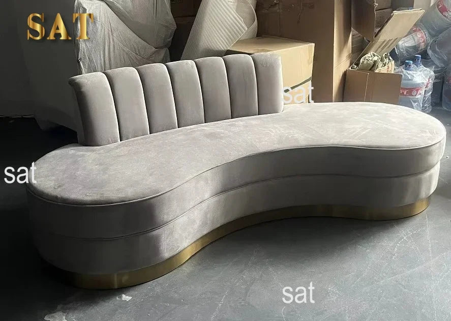 -Luxury Living Room Gold Stainless Steel Curved Sofa Velvet Upholstered Hotel Home Sofa