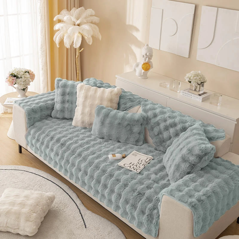 1pc Imitation Rabbit Plush Sofa Cover Winter Warm Thick Plush Soft Sofa Slipcover Pet Favorite Non-slip Protective Couch Cover