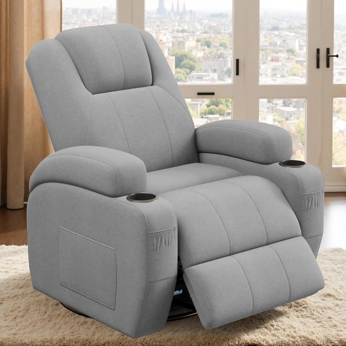 360° Swivel Recliner Chair with Vibration Massage, Ergonomic Lounge Rocker for Adults, Cup Holders & Side Pockets