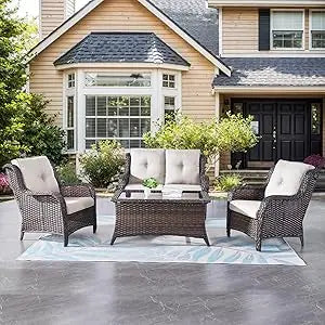 outdoor patio furniture set: 4-piece wicker loveseat, sofa, and chairs with coffee table