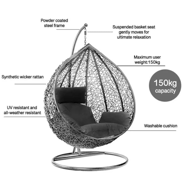Patio Indoor Outdoor PE Rattan Steel Frame Hanging Egg Shaped Swing Chair with Cushion Stand for Balcony Villa Egg Swing Chair