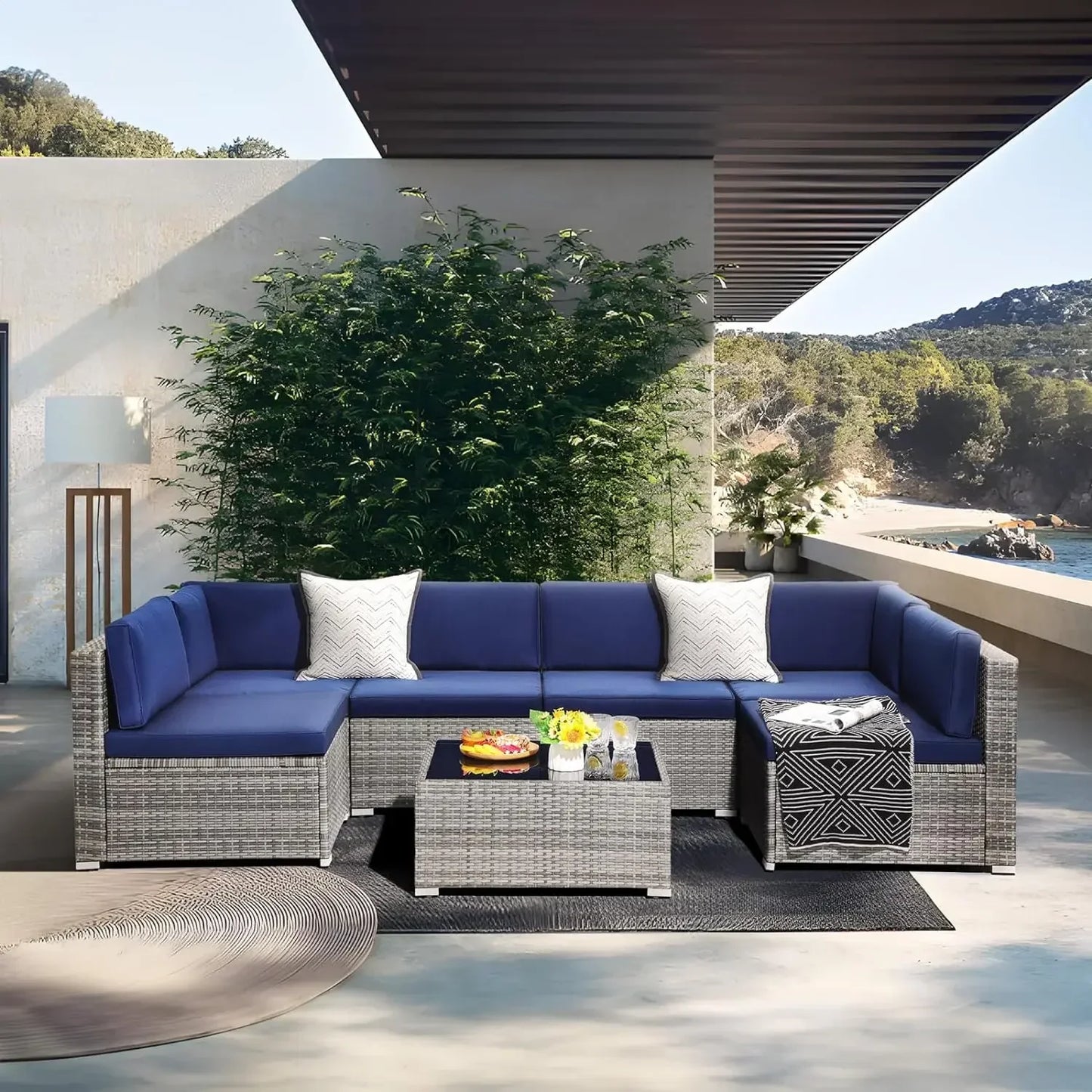 Wonder Comfort 7 Pieces Patio Furniture Set, Outdoor Sectional Conversation Wicker Rattan Sofa Couch